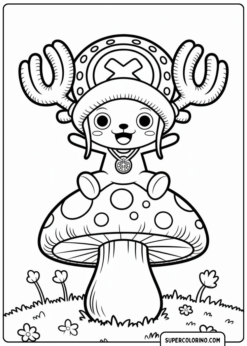 Tony Tony Chopper aus One Piece sitzt auf einem großen gepunkteten Pilz.