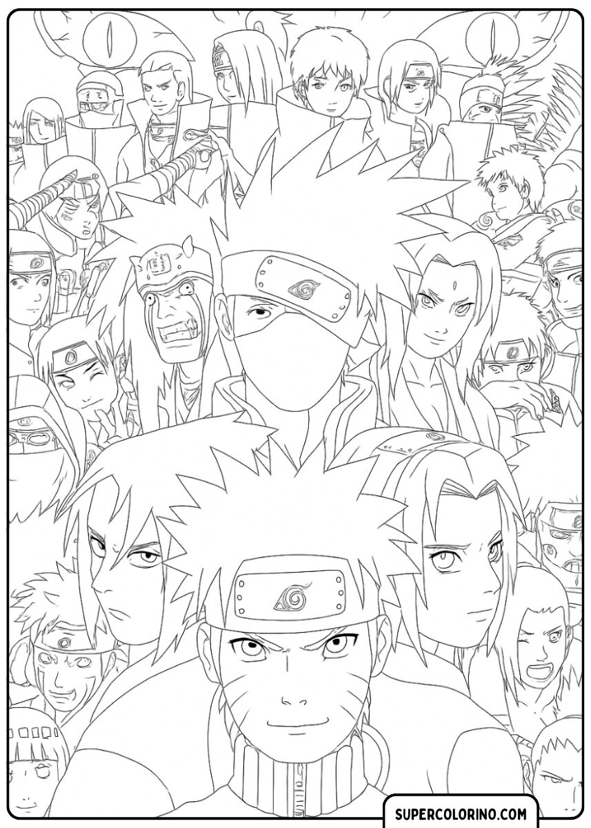 Ausmalbild einer Collage aus vielen Charakteren aus der Naruto-Serie, mit Naruto, Sasuke und Kakashi im Vordergrund.