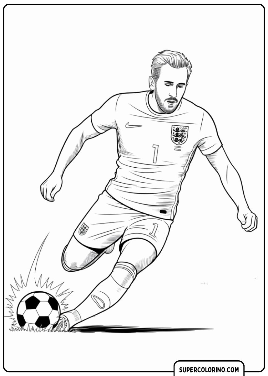 Kleurplaat van Harry Kane in zijn Engelse shirt terwijl hij dribbelt.