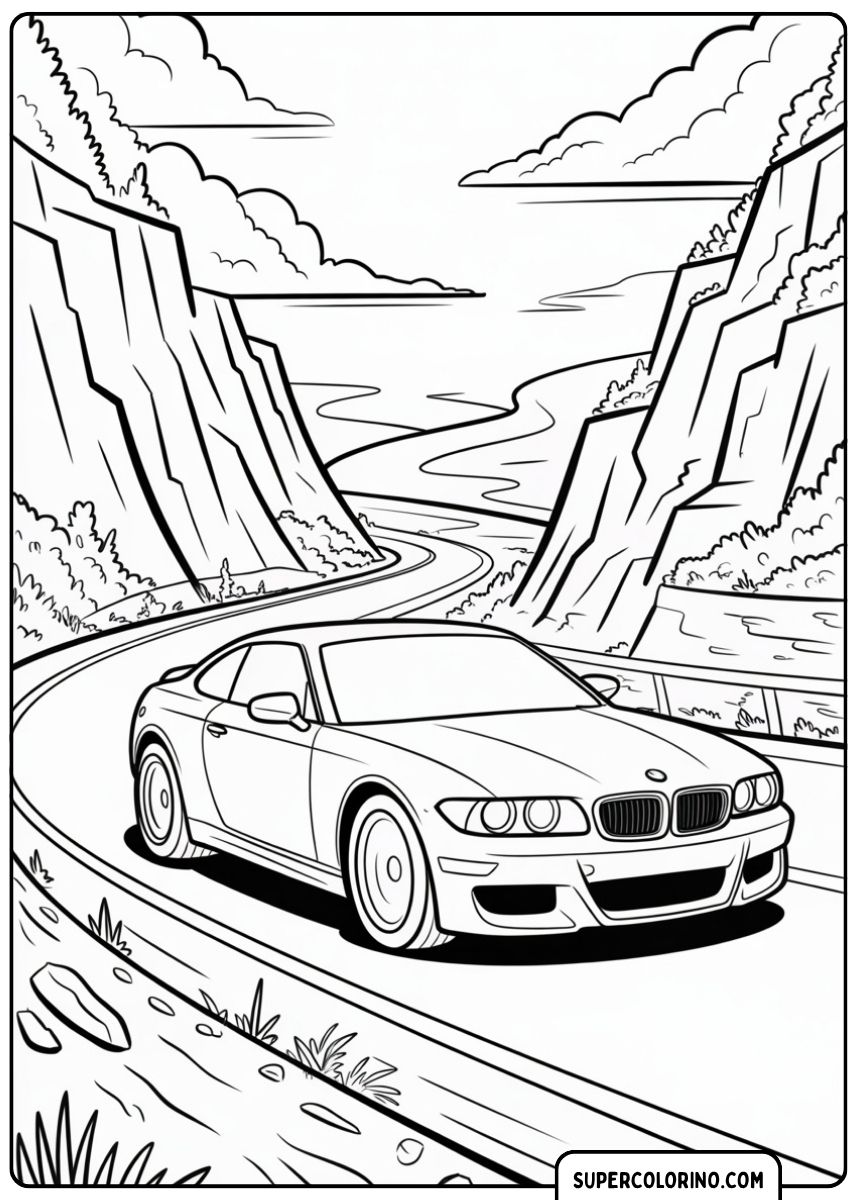 Malvorlage BMW Coupé in den Bergen: Modernes Coupé (ähnlich E92) auf einer Bergstraße zwischen Felsen.