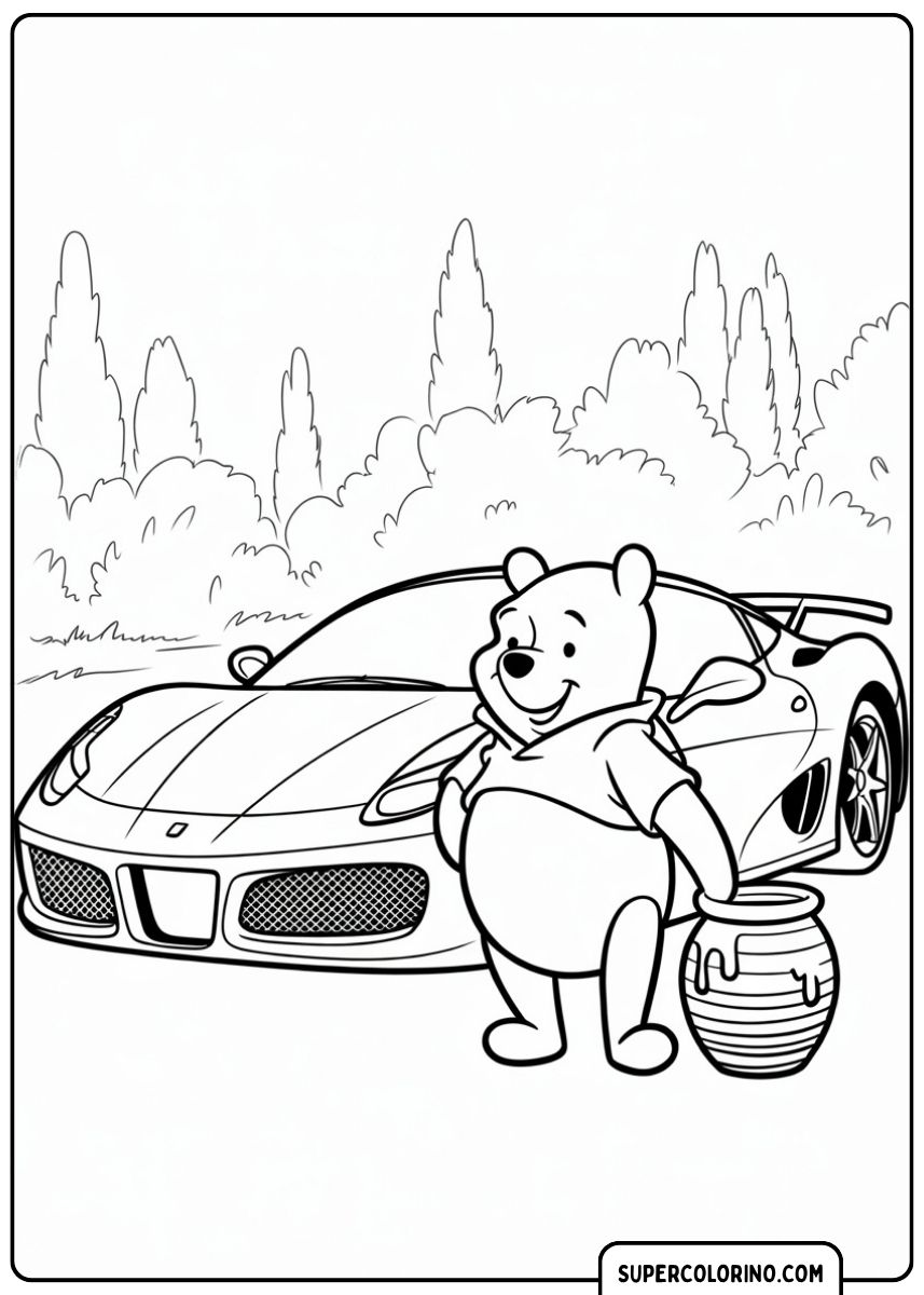Kleurplaat van Winnie de Poeh met een pot honing, staande naast een Ferrari-supercar buiten.