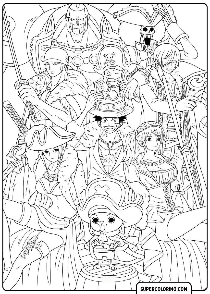 Image à colorier : Les Pirates au Chapeau de Paille en costumes de pirates traditionnels élaborés. Membres : Luffy, Zoro, Nami, Sanji, Robin, Chopper, Franky et Brook.