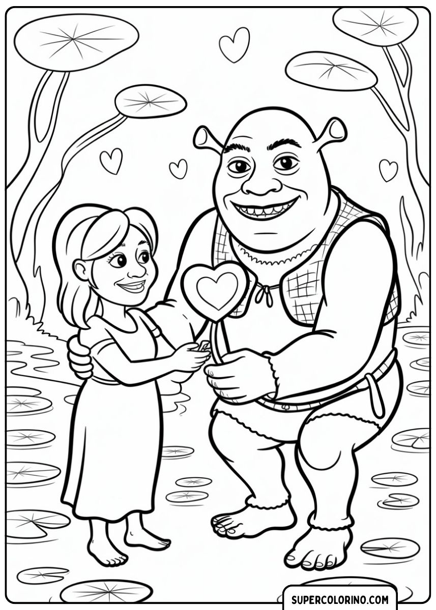 Malvorlage von Shrek und Prinzessin Fiona, die ihm im Sumpf einen Herzlutscher geben.