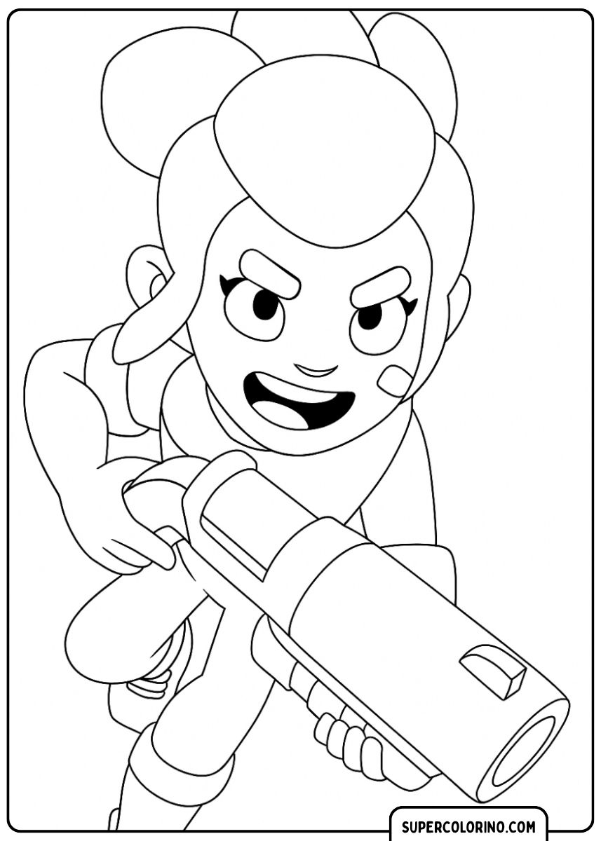 Image coloriée de Shelly au premier plan, courant et tenant son fusil.