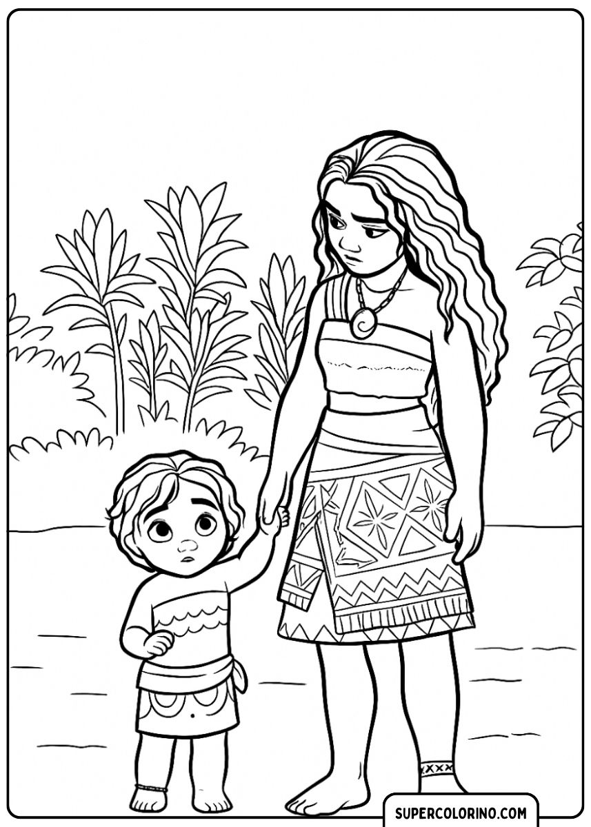 Image à colorier : Vaiana avec une expression sérieuse, tenant la main d'une petite fille