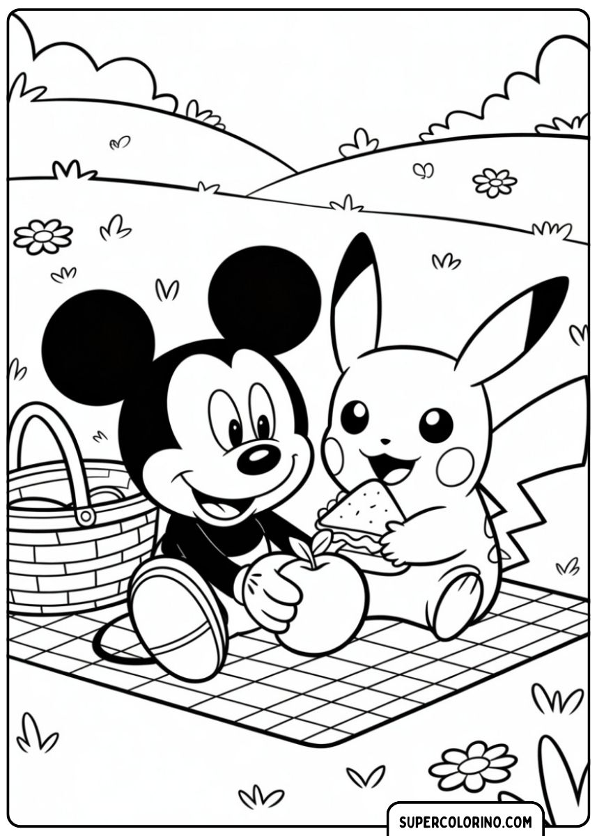 Image à colorier : Mickey Mouse et Pikachu pique-niquent avec une pomme et un panier.
