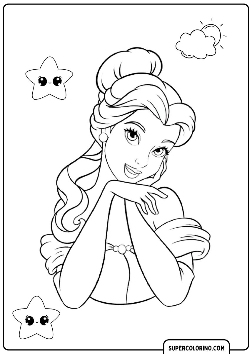 Ausmalbild von Disney-Princessin Belle mit Highsteckfrisur, die ihre Hand and die Wange legt, mit Sternen und einer Wolke.