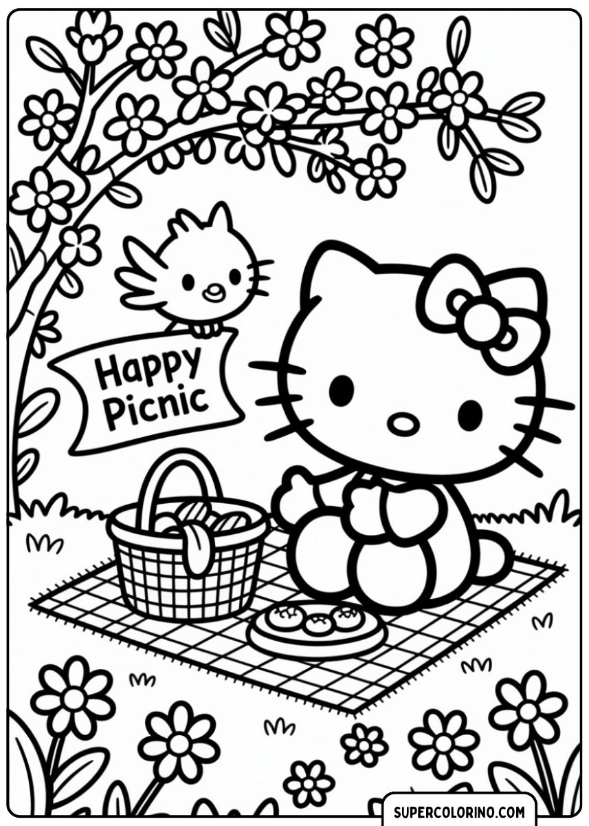 Coloriage Hello Kitty fait un pique-nique printanier sous un arbre en fleurs avec un petit oiseau.