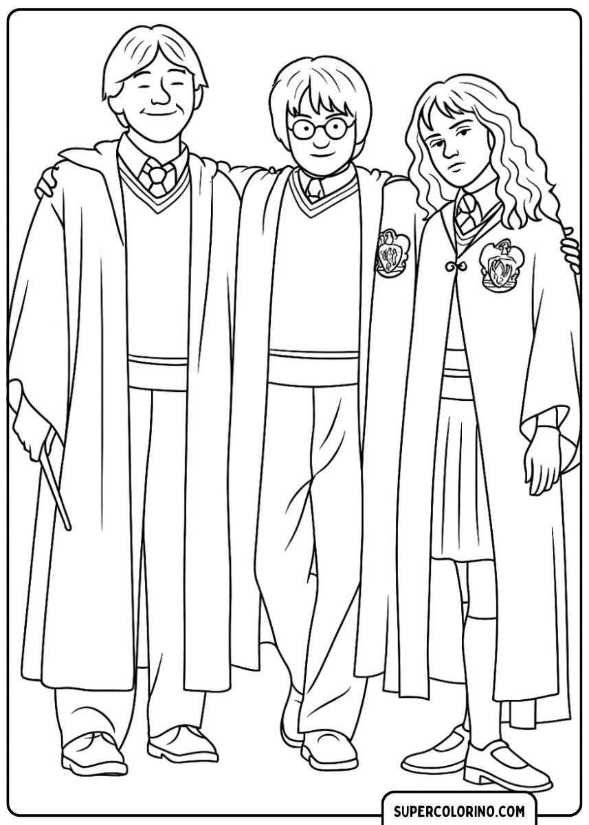 Harry Potter, Ron Weasley (avec la baguette) et Hermione Granger bras dessus bras dessous.