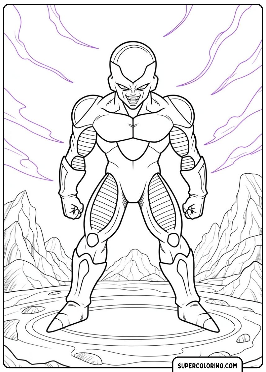 Kleurplaat van Frieza in zijn eerste compacte vorm, staande op kratergrond met een kwade grijns.
