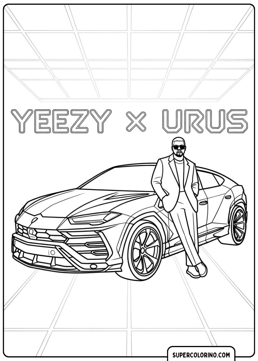 Immagine da colorare di Kanye West (Ye) appoggiato a una Lamborghini Urus con la scritta "YEEZY X URUS".