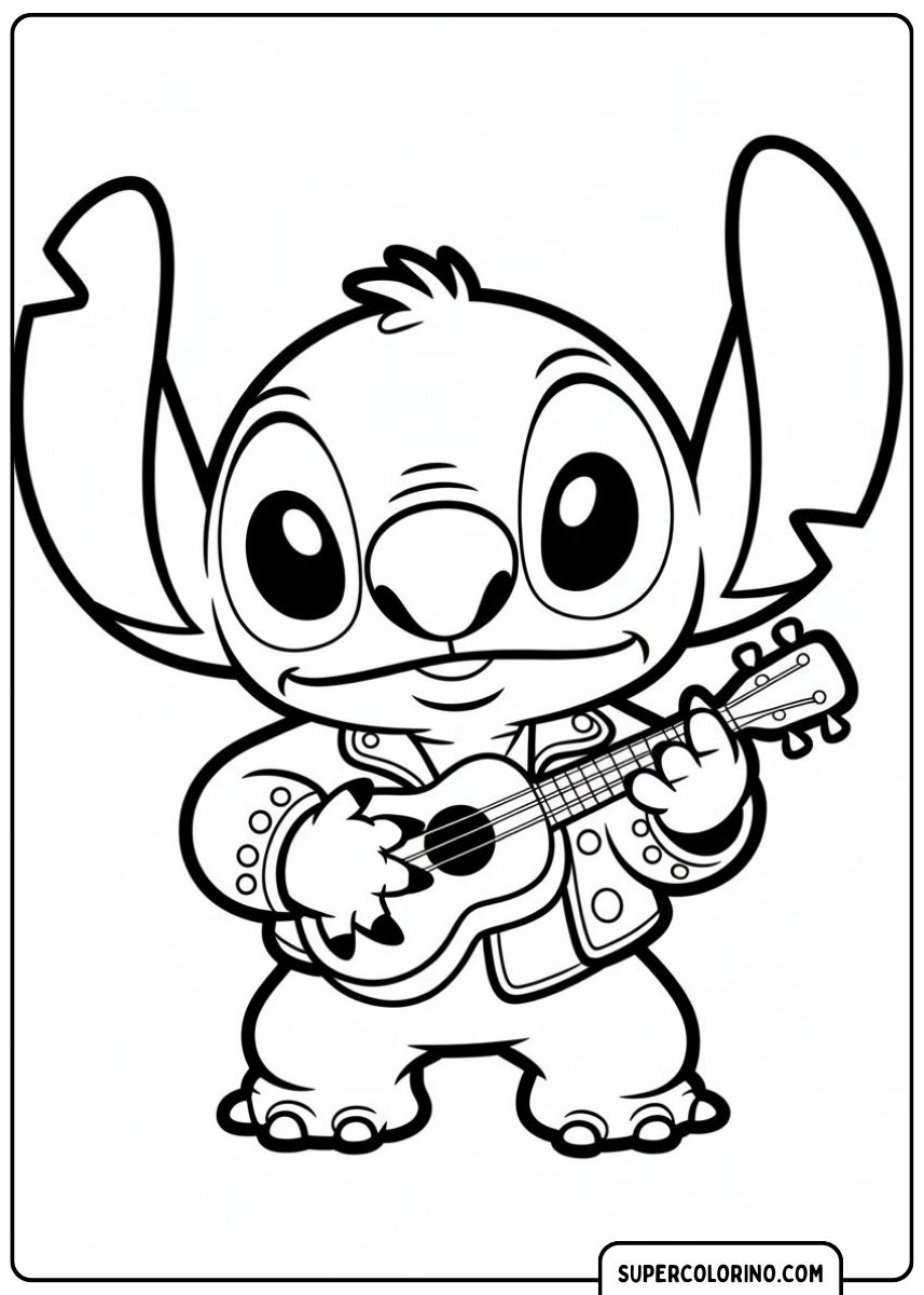 Stitch speelt ukelele en draagt ​​een jasje in Elvis-stijl.