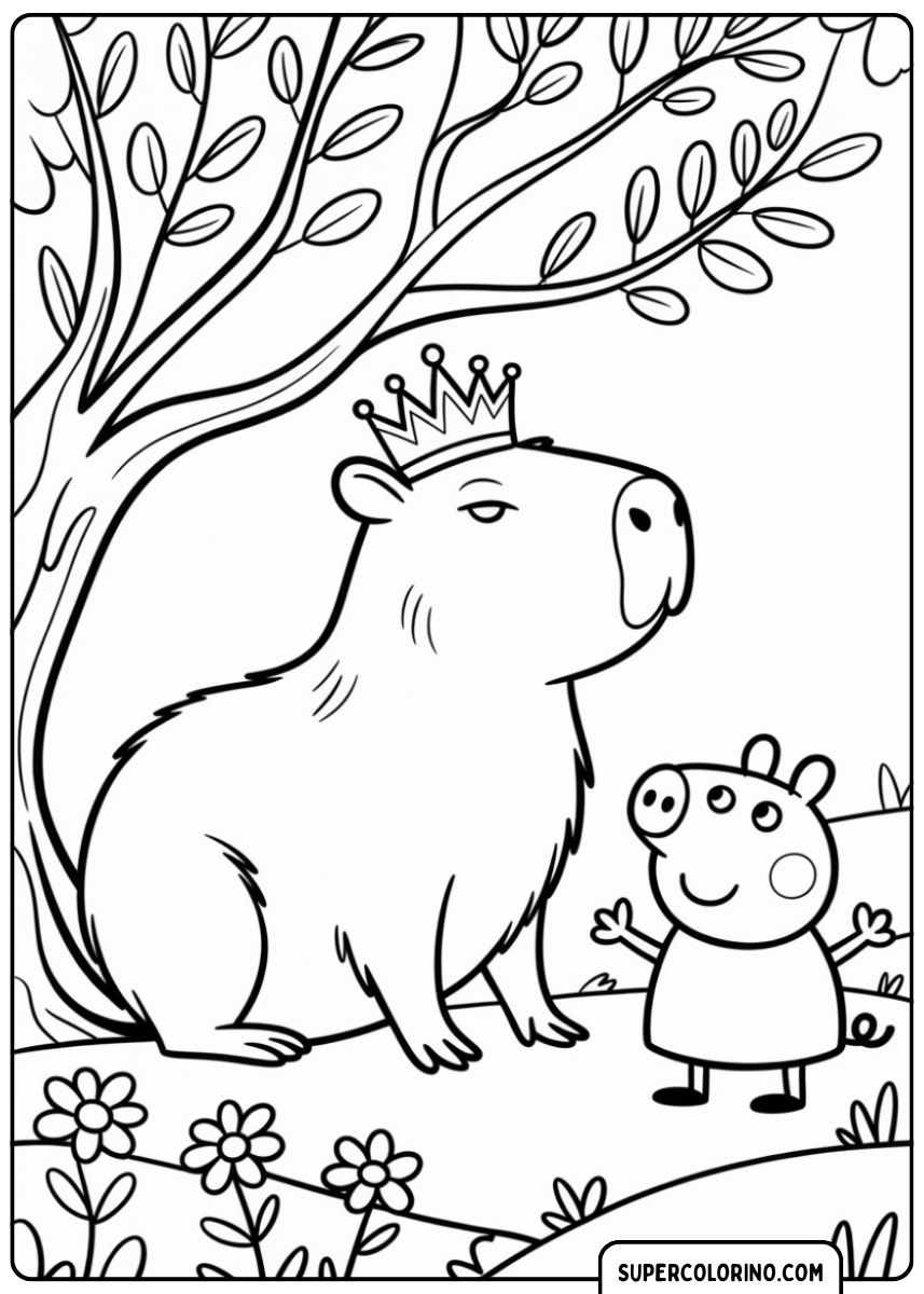 Malvorlage: Capybara trifft Peppa Pig auf einer Wiese mit einer Blume.
