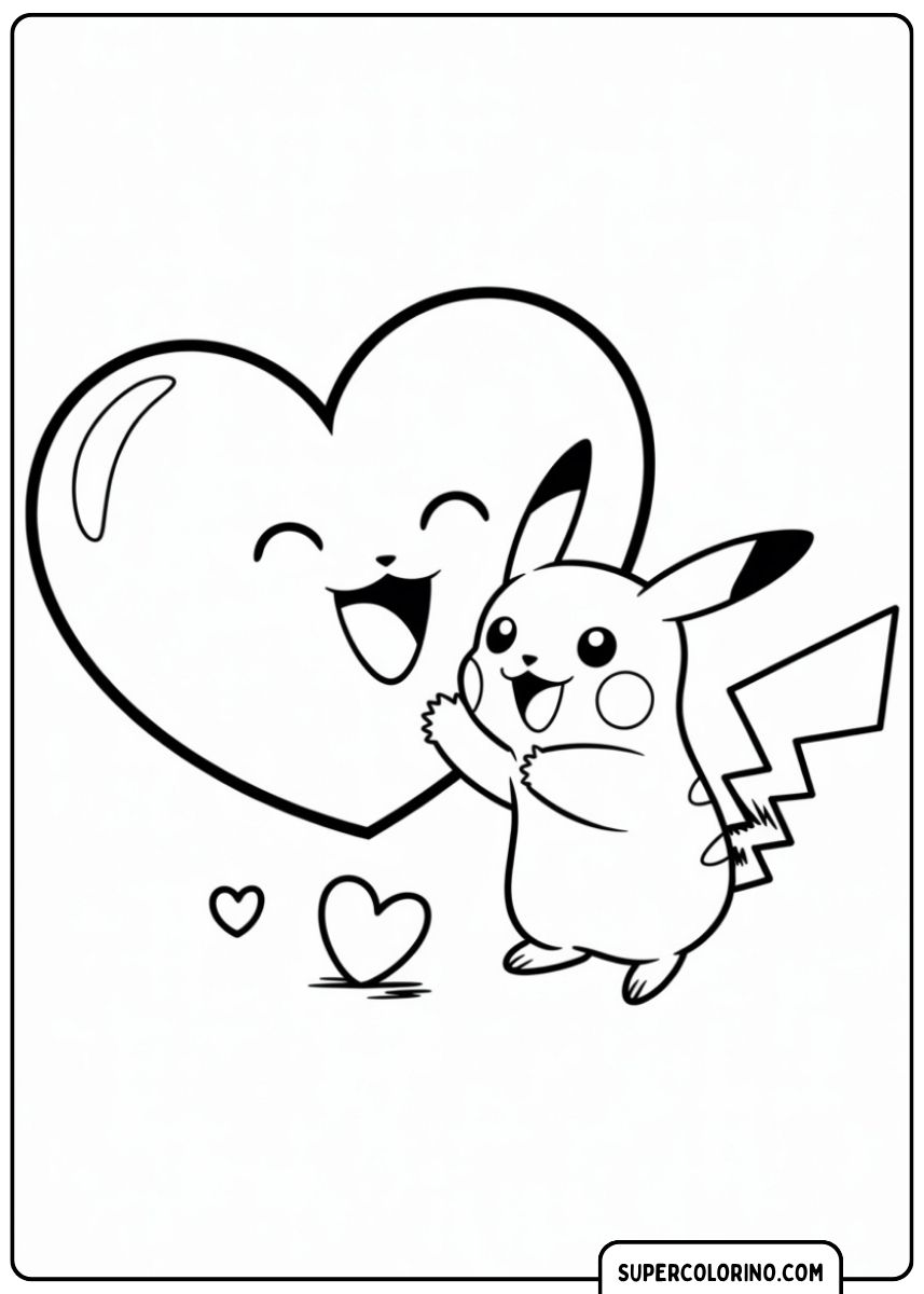 Kleurplaat: Pikachu zwaait vrolijk naast een lachend hart in cartoonstijl.