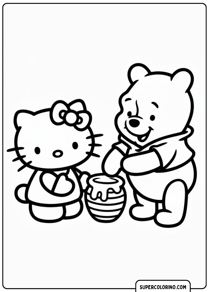 Kleurplaat van Hello Kitty naast Winnie de Poeh die zijn vinger in een potje honing doopt.