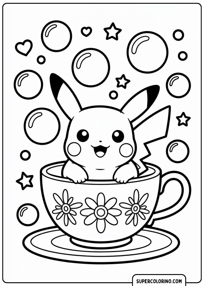 Pikachu sitzt lächelnd in einer dekorierten Teetasse, umgeben von Blasen und Sternen.