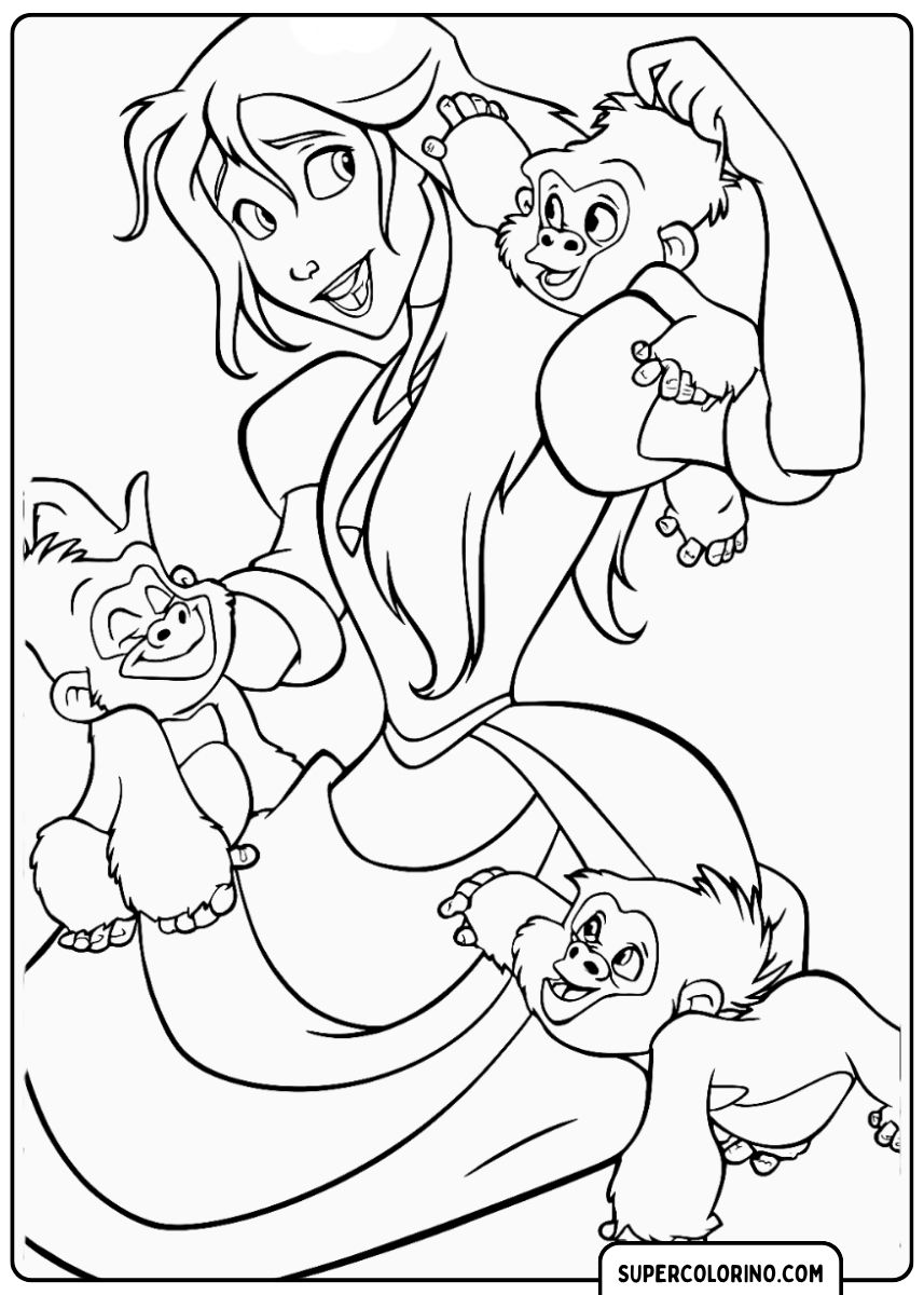 Ausmalbild: Jane Porter aus Tarzan mit drei kleinen Affen.
