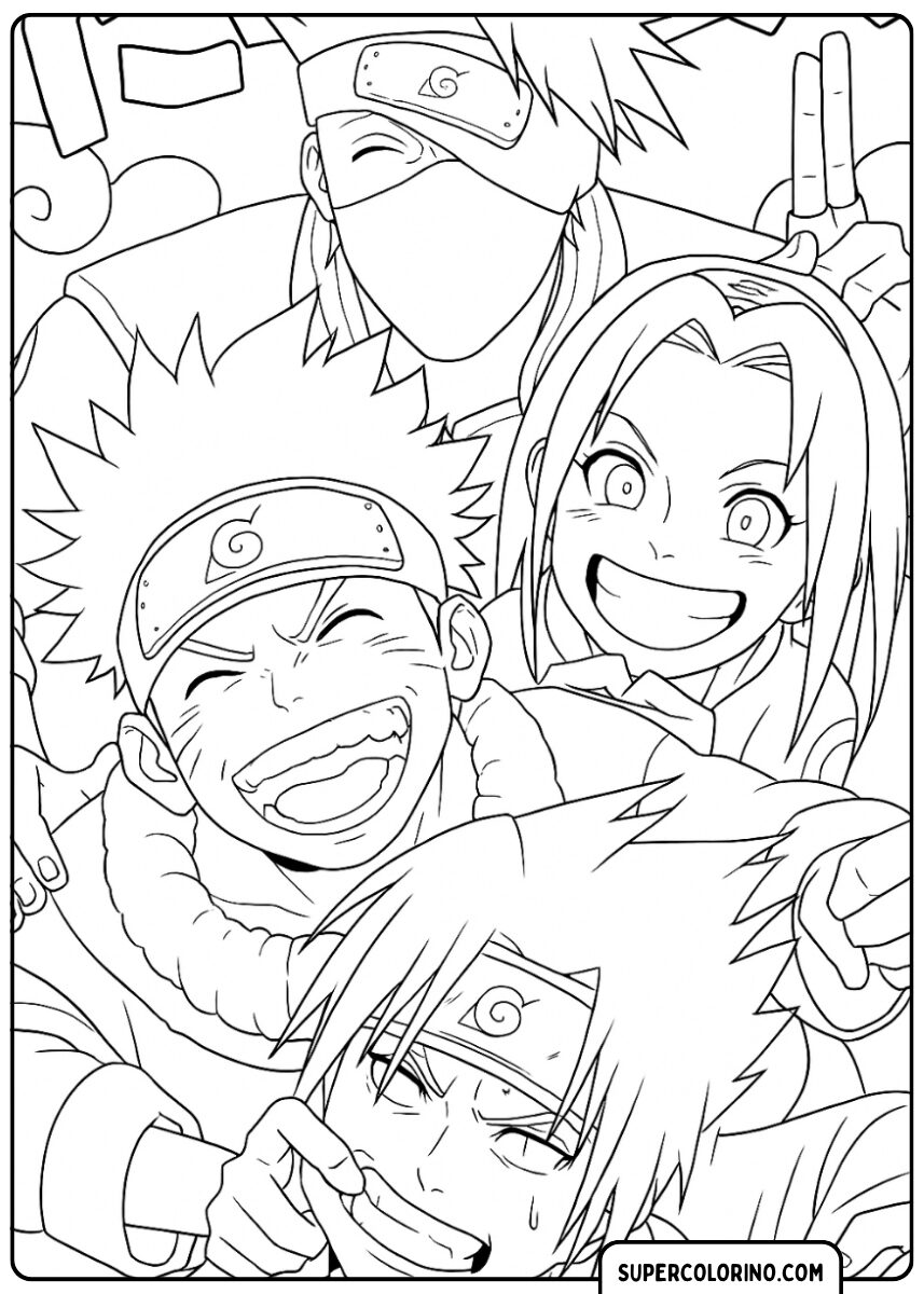 Ausmalbild von Team 7 (Naruto, Sasuke, Sakura, Kakashi) in einem Selfie.