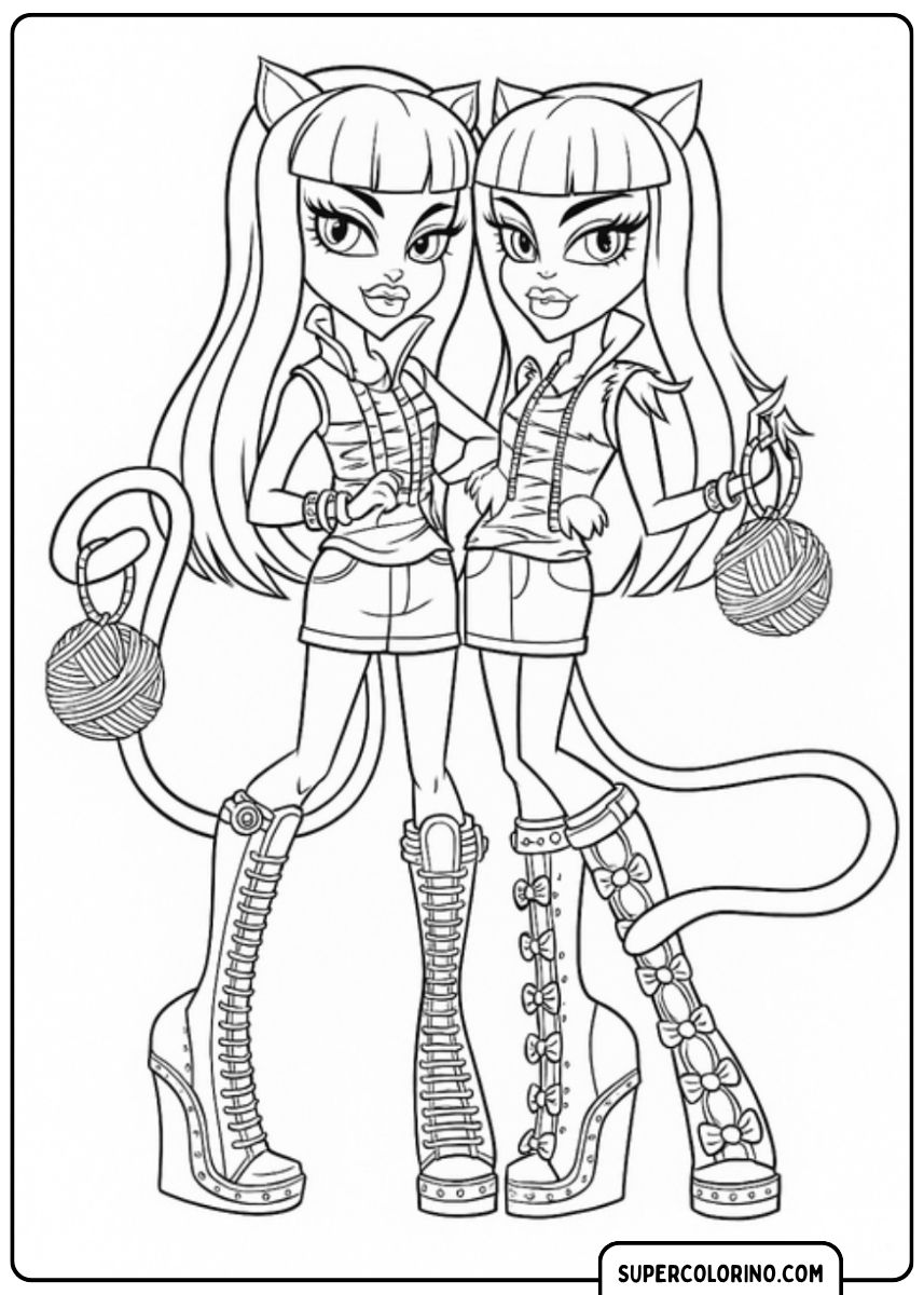 Disegno da colorare di due werecats di Monster High con gomitoli di lana