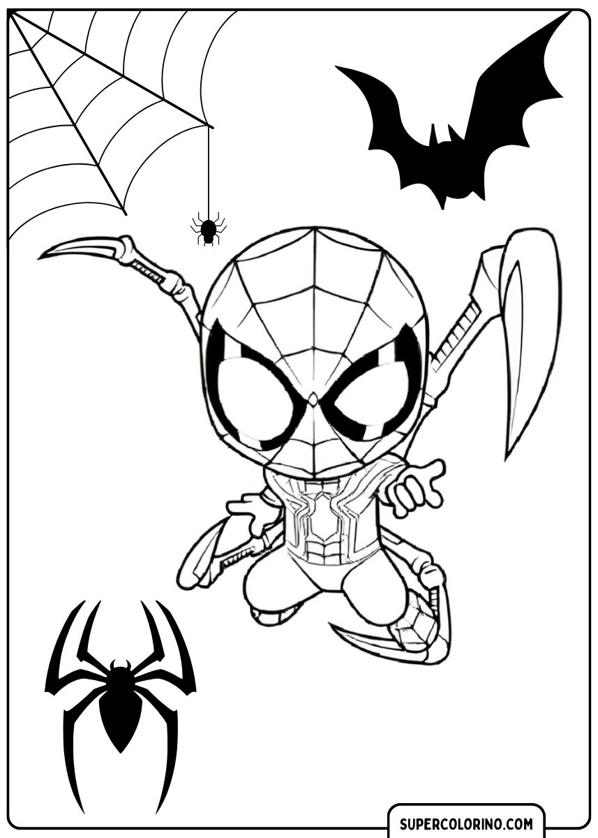 Malvorlage von Spidey in der Iron Spider-Rüstung mit vier mechanischen Beinen.