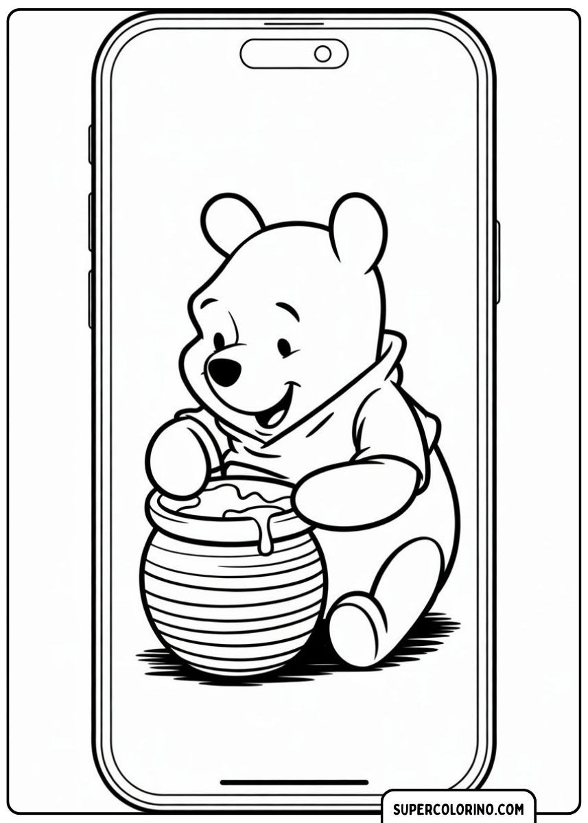 Winnie the Pooh isst Honig auf dem Bildschirm eines modernen Smartphones.