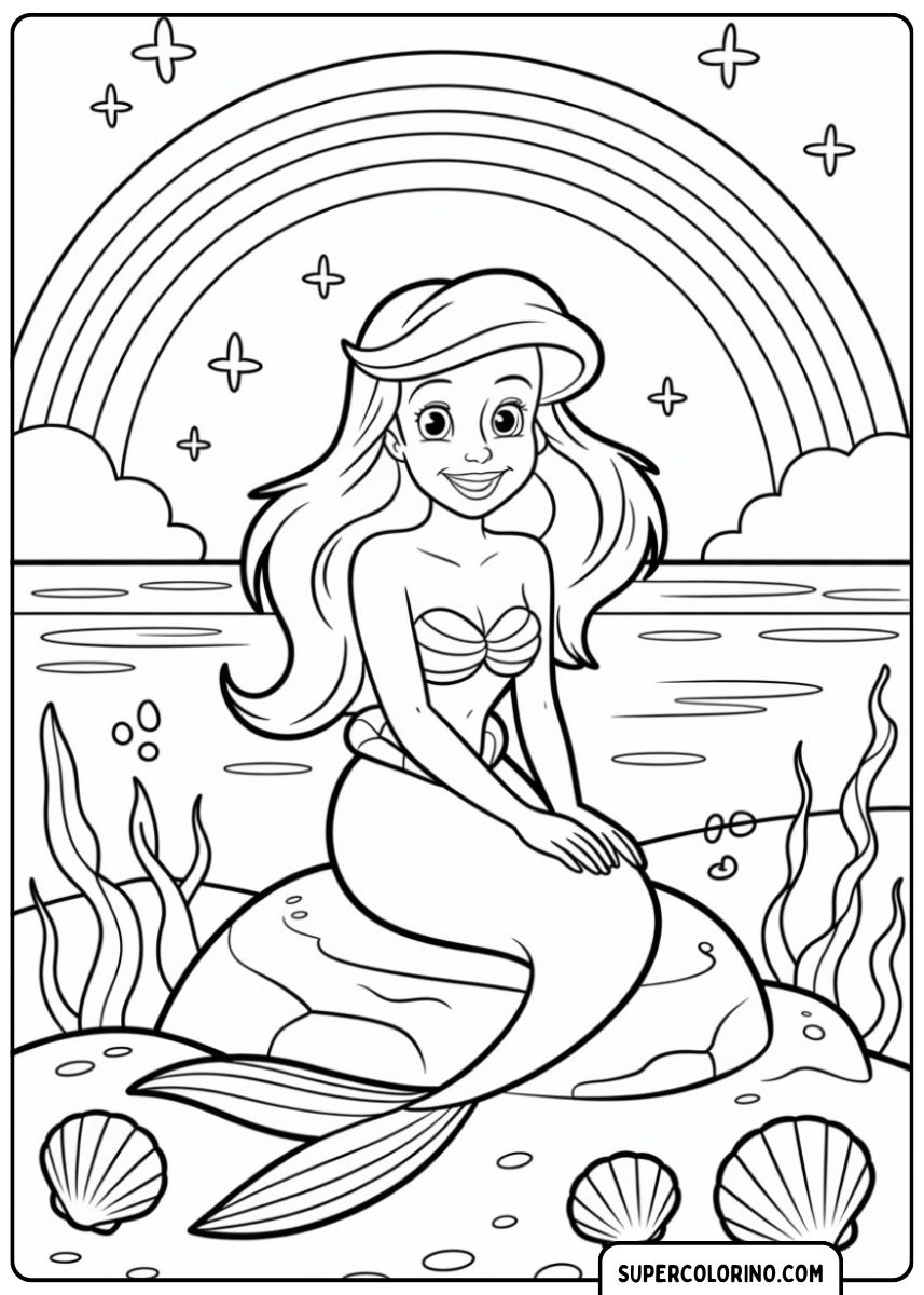 Coloriage d'Ariel, la Petite Sirène, assise sur un rocher dans la mer, avec des coquillages et un arc-en-ciel.