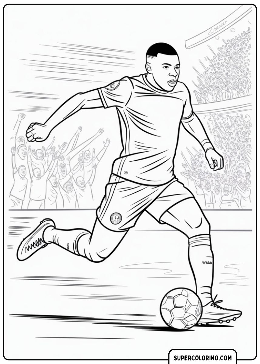 Kleurplaat van Kylian Mbappé die een schot probeert te maken, voor een juichende tribune.