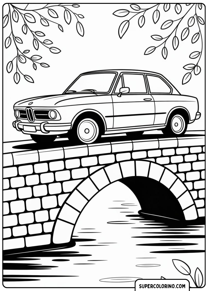 Malvorlage BMW auf Brücke: Kleines BMW Coupé (ähnlich 02er) überquert eine Steinbrücke.
