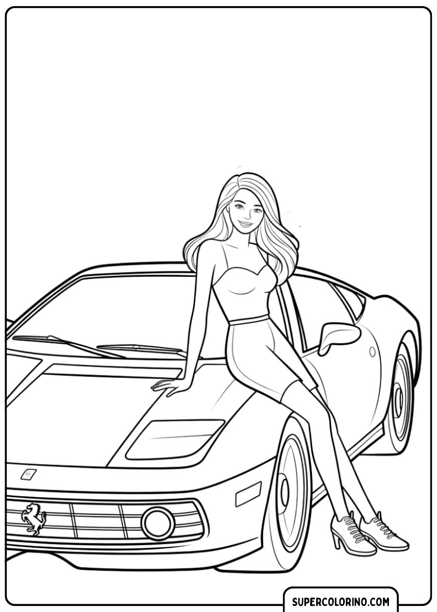 Kleurplaat van een glamoureuze vrouw met lang haar, zittend op de motorkap van een Ferrari Testarossa.