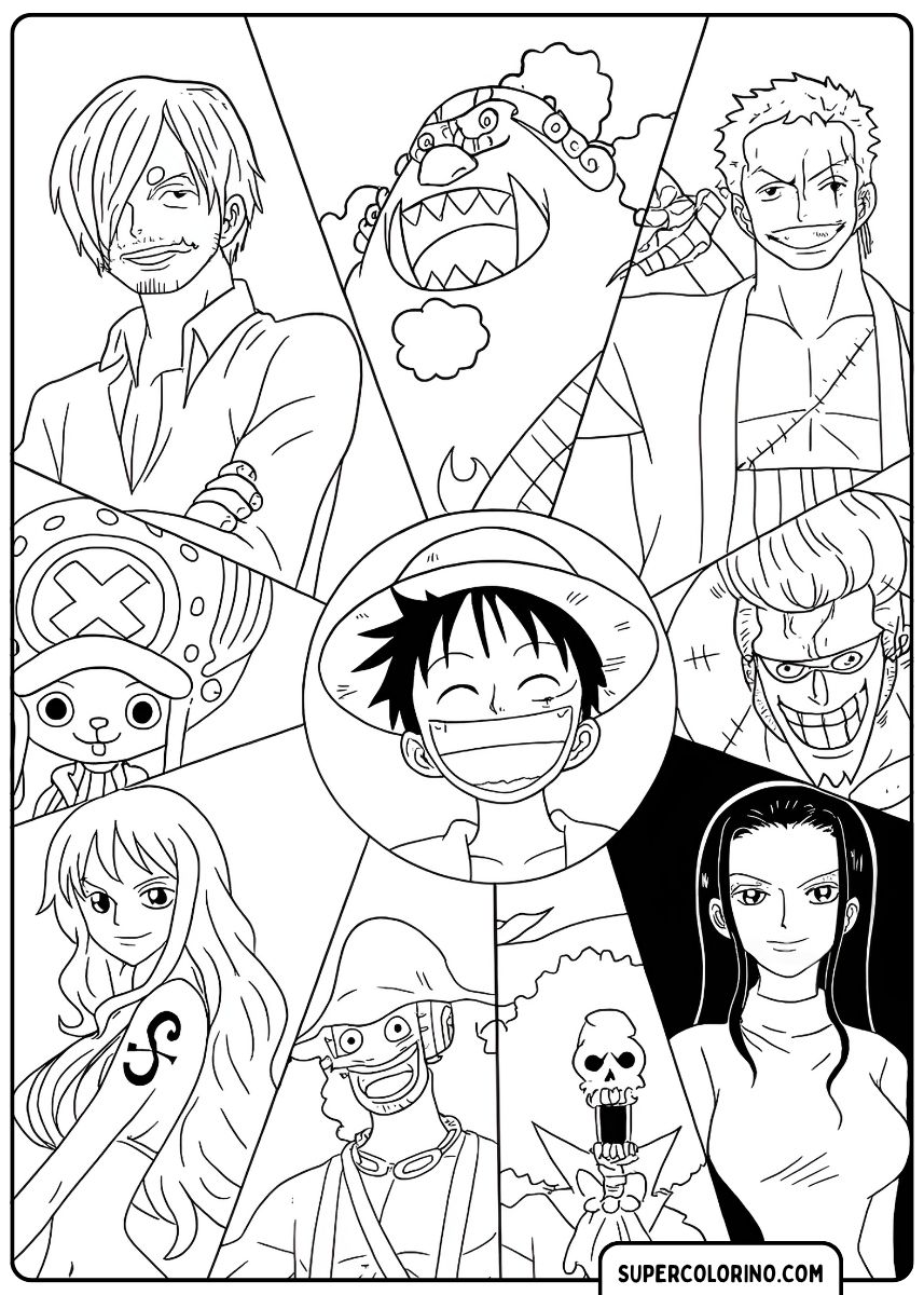 Image à colorier : Les Pirates au Chapeau de Paille disposés en cercle, avec Luffy au centre. Membres : Sanji, Jinbe, Zoro, Chopper, Franky, Robin, Nami, Brook et Usopp.