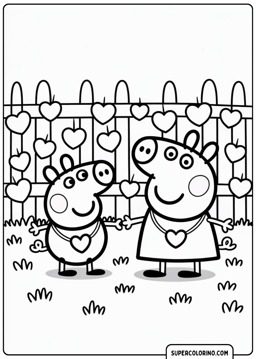 Malvorlage von Peppa Pig und ihrem Bruder George, umgeben von Herzen.