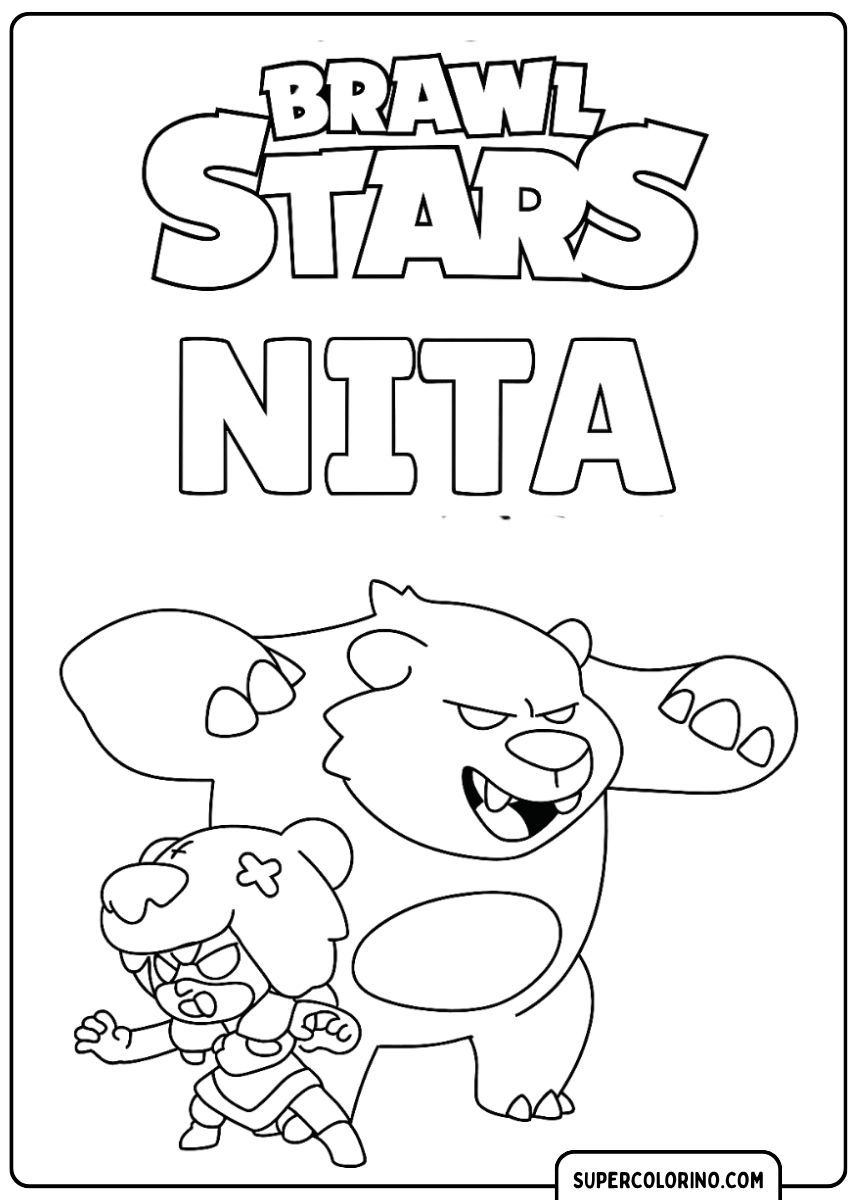 Image à colorier de Nita et de son ours Bruce avec le mot « NITA » dessus.