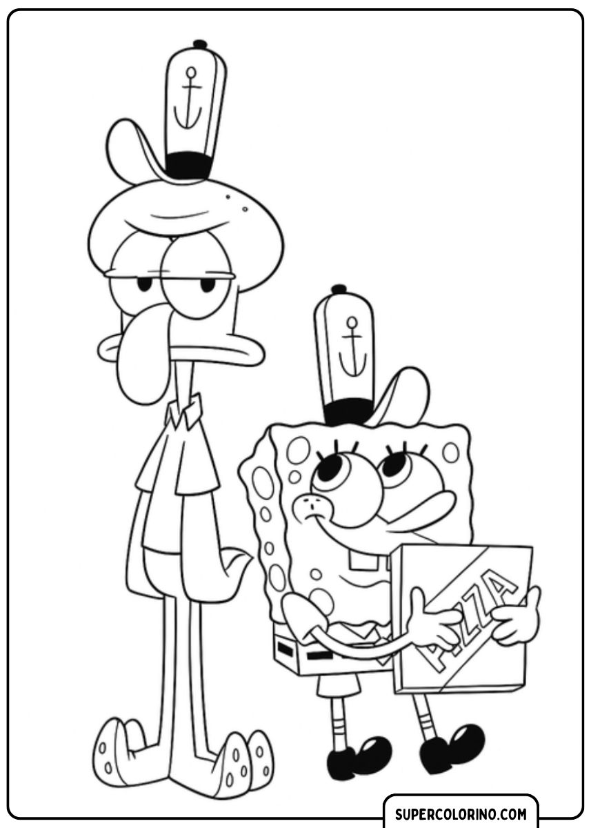 SpongeBob und Thaddäus Tentakel in Uniform mit einer Pizzaschachtel.