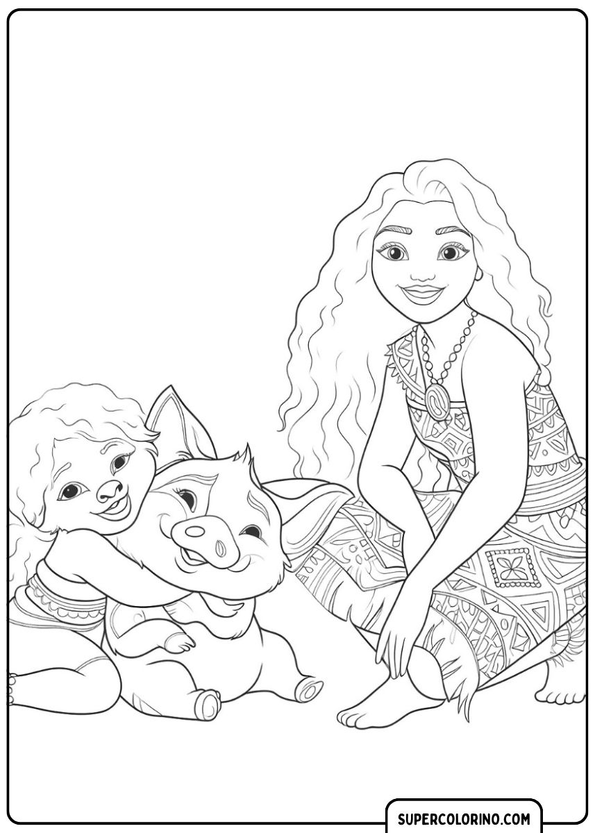 Image à colorier : Moana adulte, sa fille et Pua s'embrassent