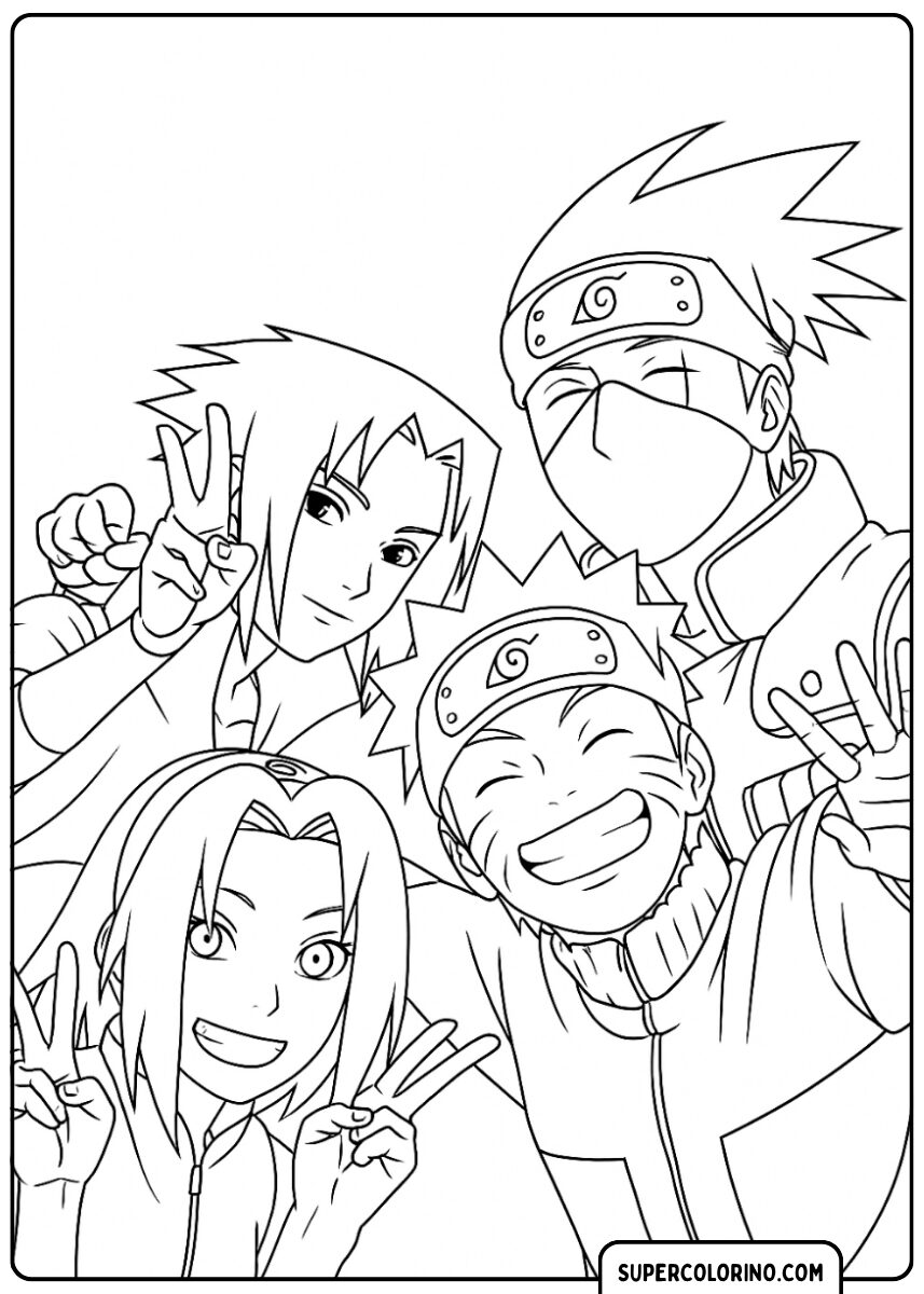 Ausmalbild von Team 7 (Naruto, Sasuke, Sakura, Kakashi) mit dem Friedenszeichen.