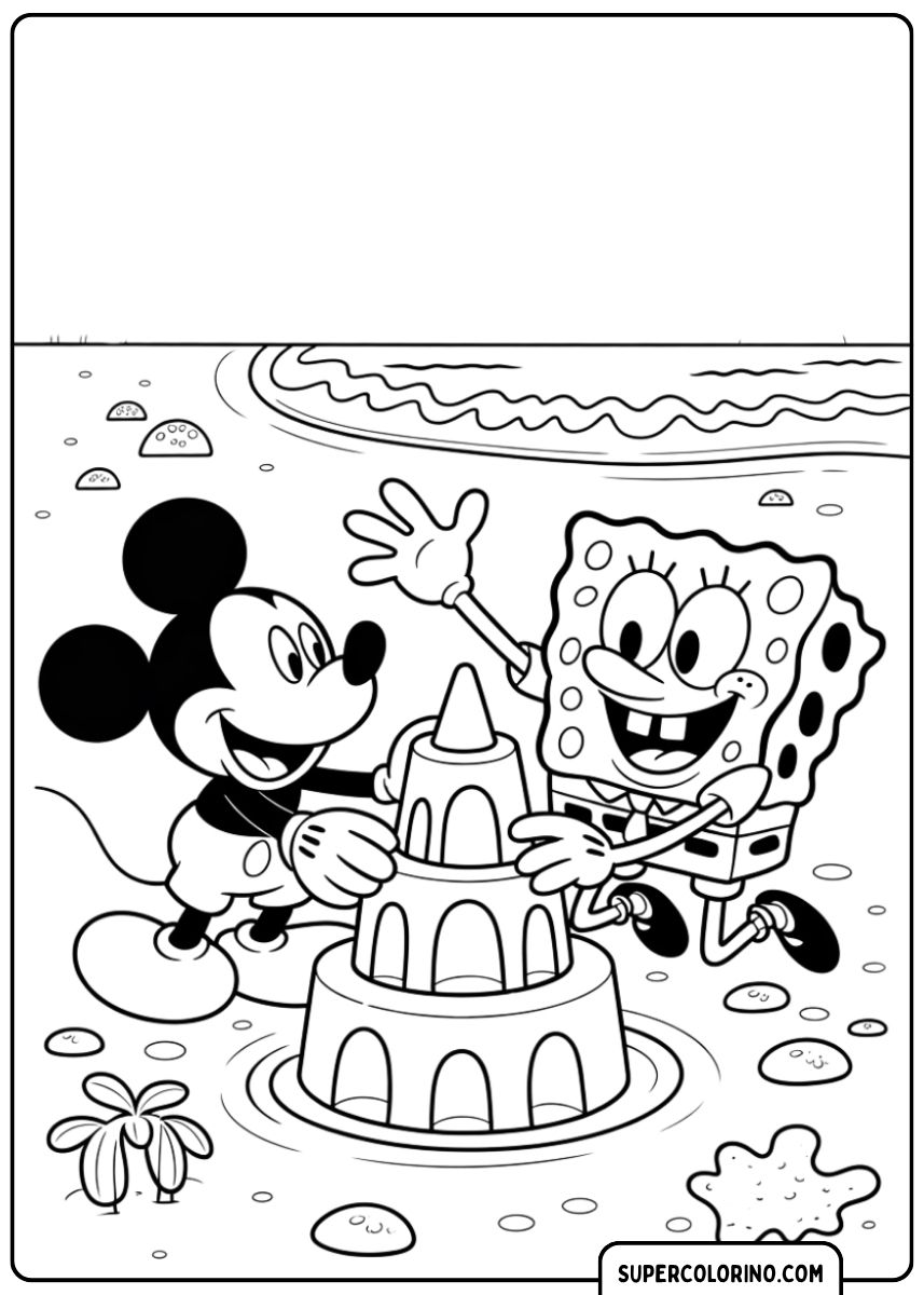 Image à colorier : Mickey et Bob l’éponge construisent un château de sable sur la plage.