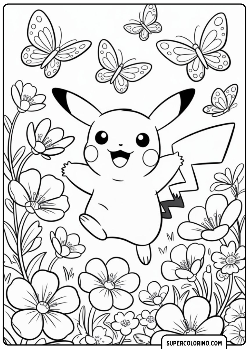 Coloriage Pikachu sautant joyeusement parmi les fleurs et les papillons dans une prairie printanière.