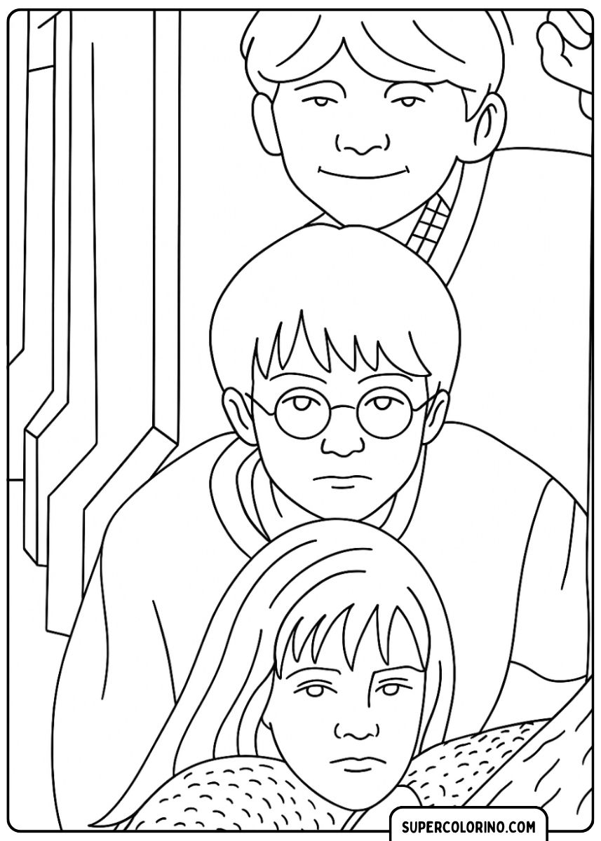 Le trio : Ron, Harry et Hermione aux expressions sérieuses, disposés verticalement.