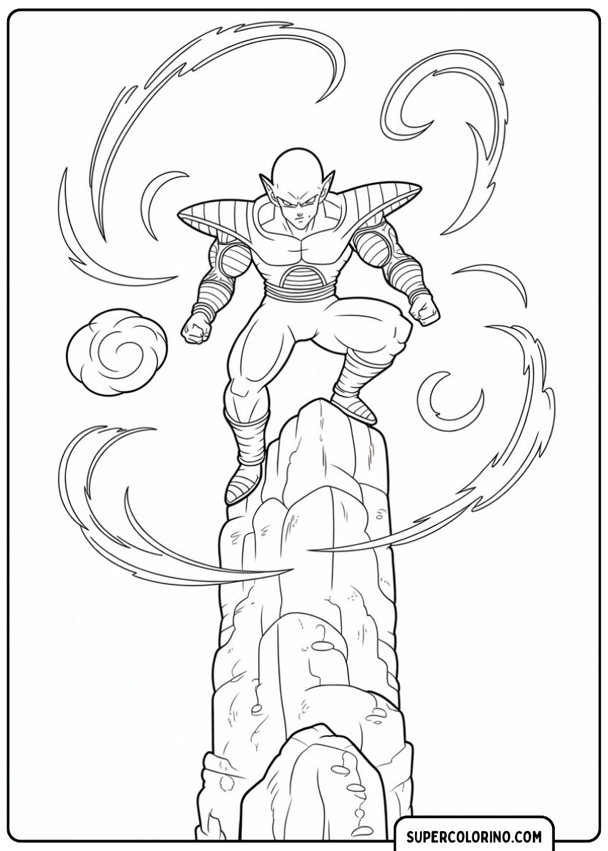 Kleurplaat van Piccolo in zijn Saiyan-achtige harnas, staande op een hoge rots en omringd door wervelingen van Ki.