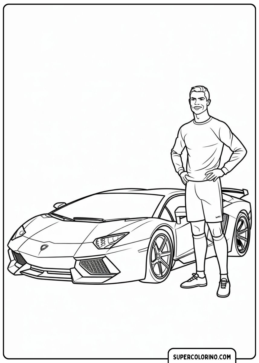 Immagine da colorare di Cristiano Ronaldo accanto a una Lamborghini Aventador.