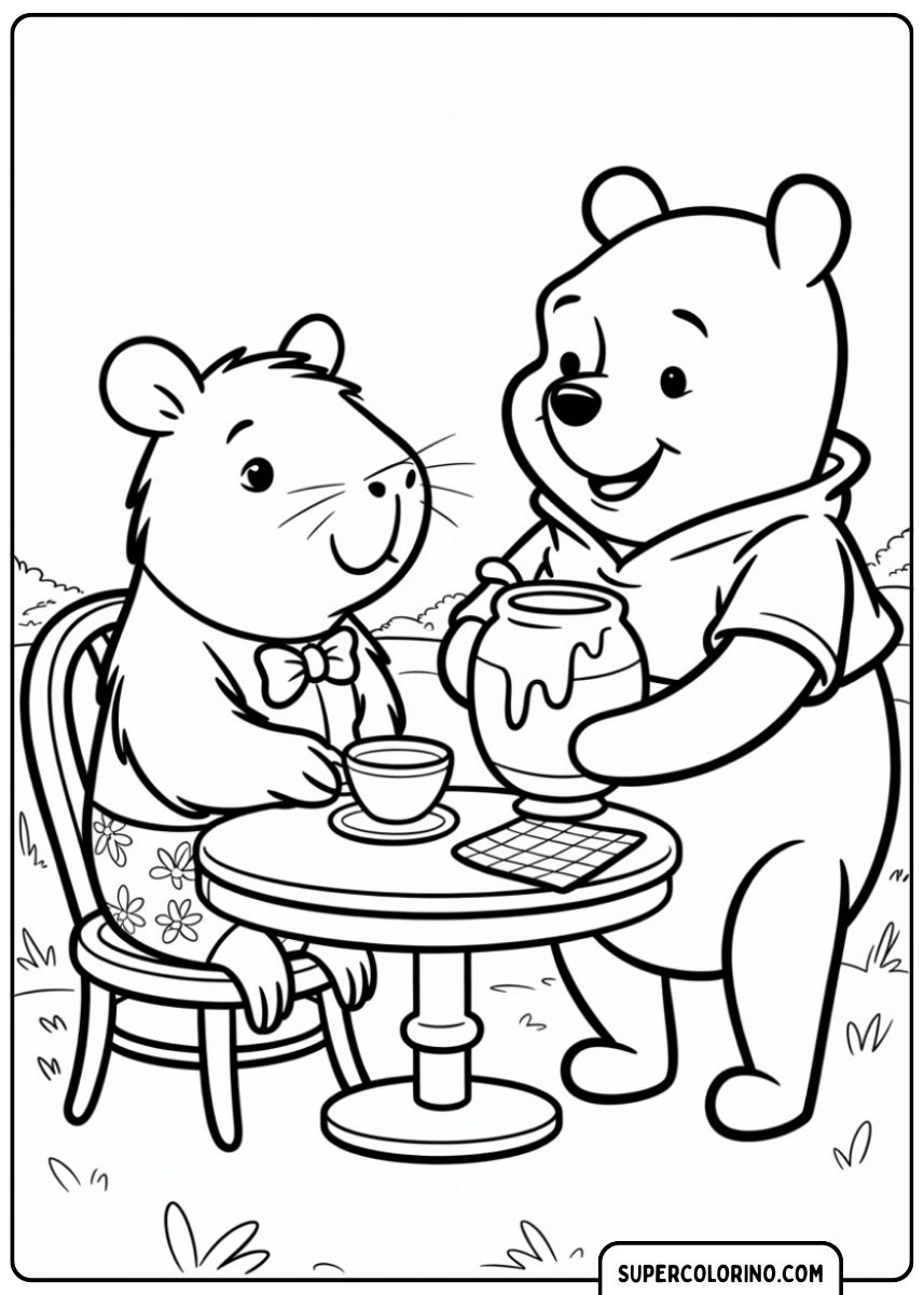 Malvorlage: Capybara und Winnie the Pooh beim Snacken; Capybara trinkt Tee, Pooh hält Honigtopf in der Hand.