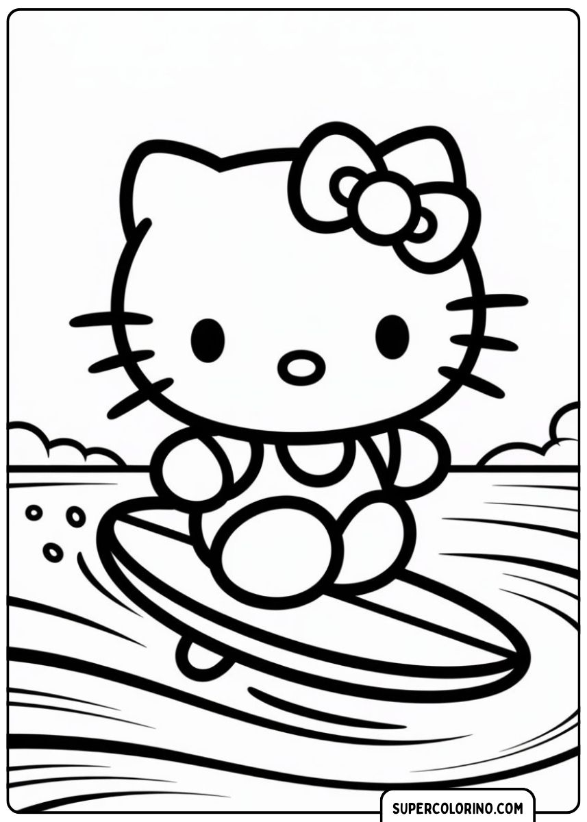 Kleurplaat Hello Kitty die met een surfplank op een golf surft.