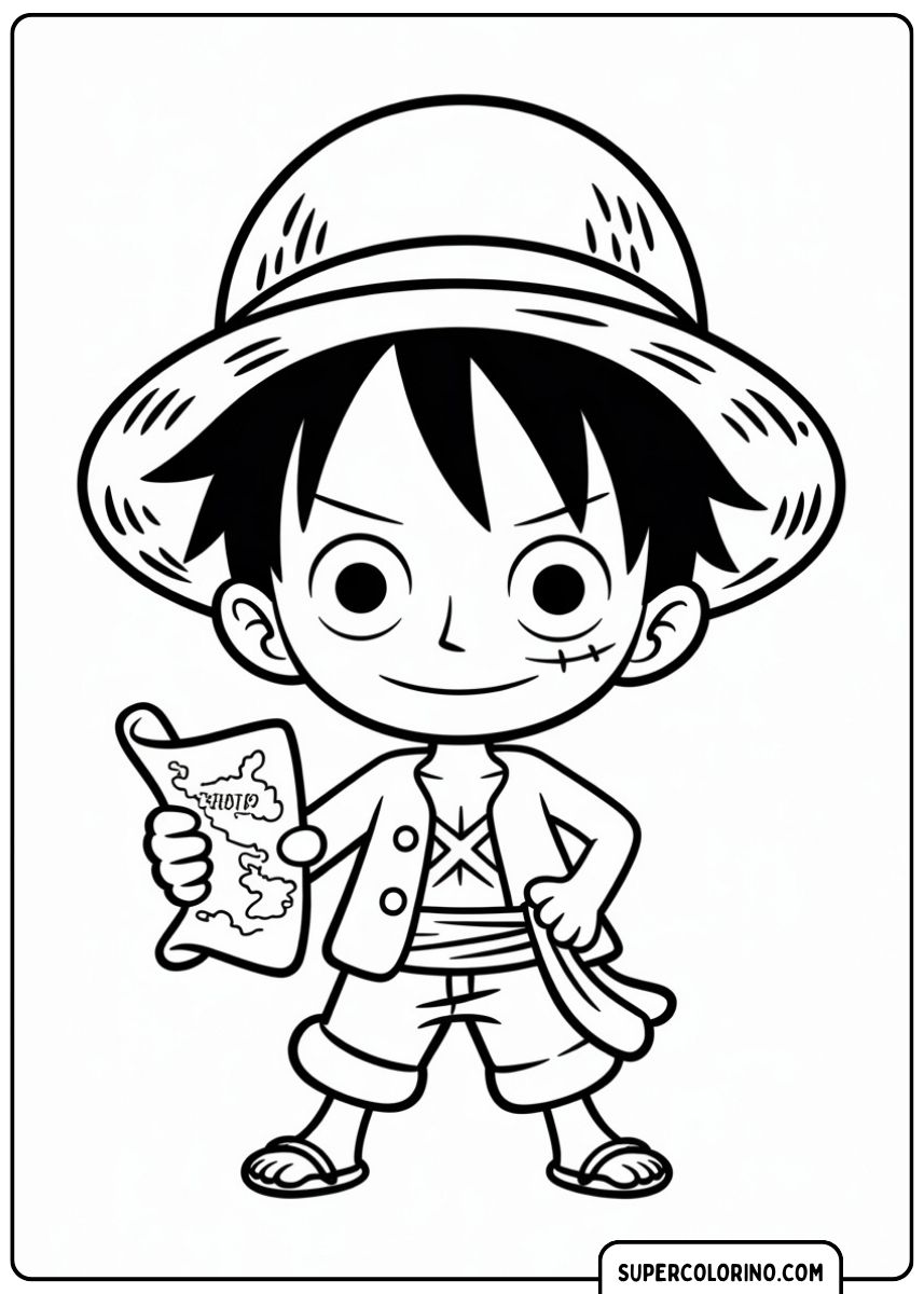 Der junge Affe D. Ruffy aus One Piece trägt einen Strohhut und hält eine Schatzkarte in der Hand.