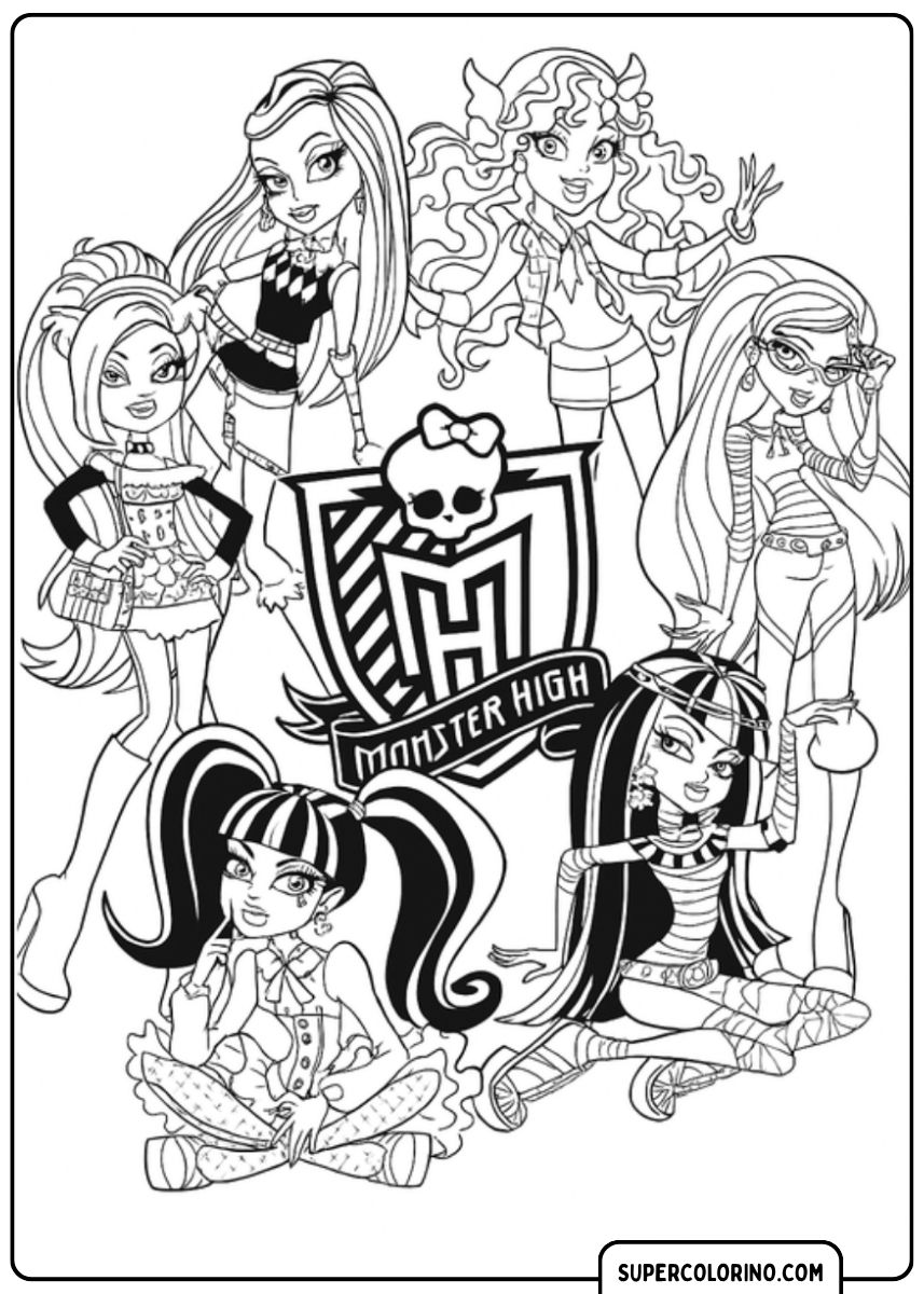 Kleurplaat van zes belangrijkste Monster High geesten in een groep