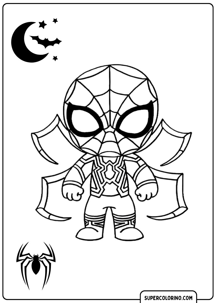 Malvorlage von Spidey in der Iron Spider-Rüstung, die mechanischen Beine wie ein Fächer ausgebreitet.