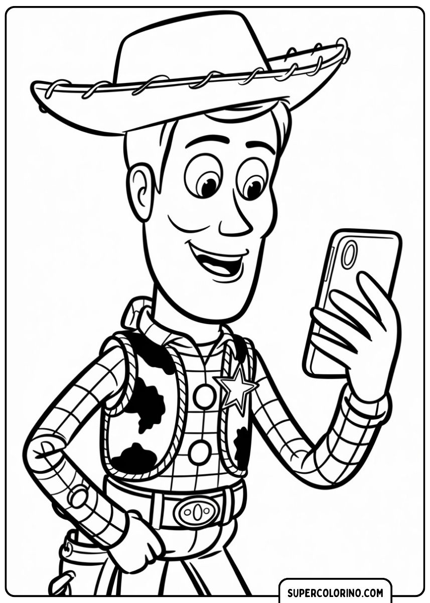 Sheriff Woody aus Toy Story hält ein modernes Smartphone für ein Selfie.