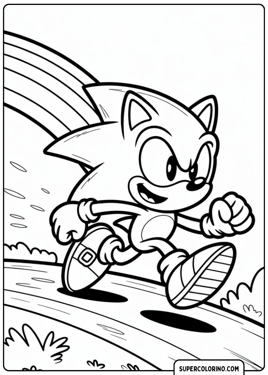 Coloriage de Sonic the Hedgehog qui court vite, avec une traînée arc-en-ciel en arrière-plan.