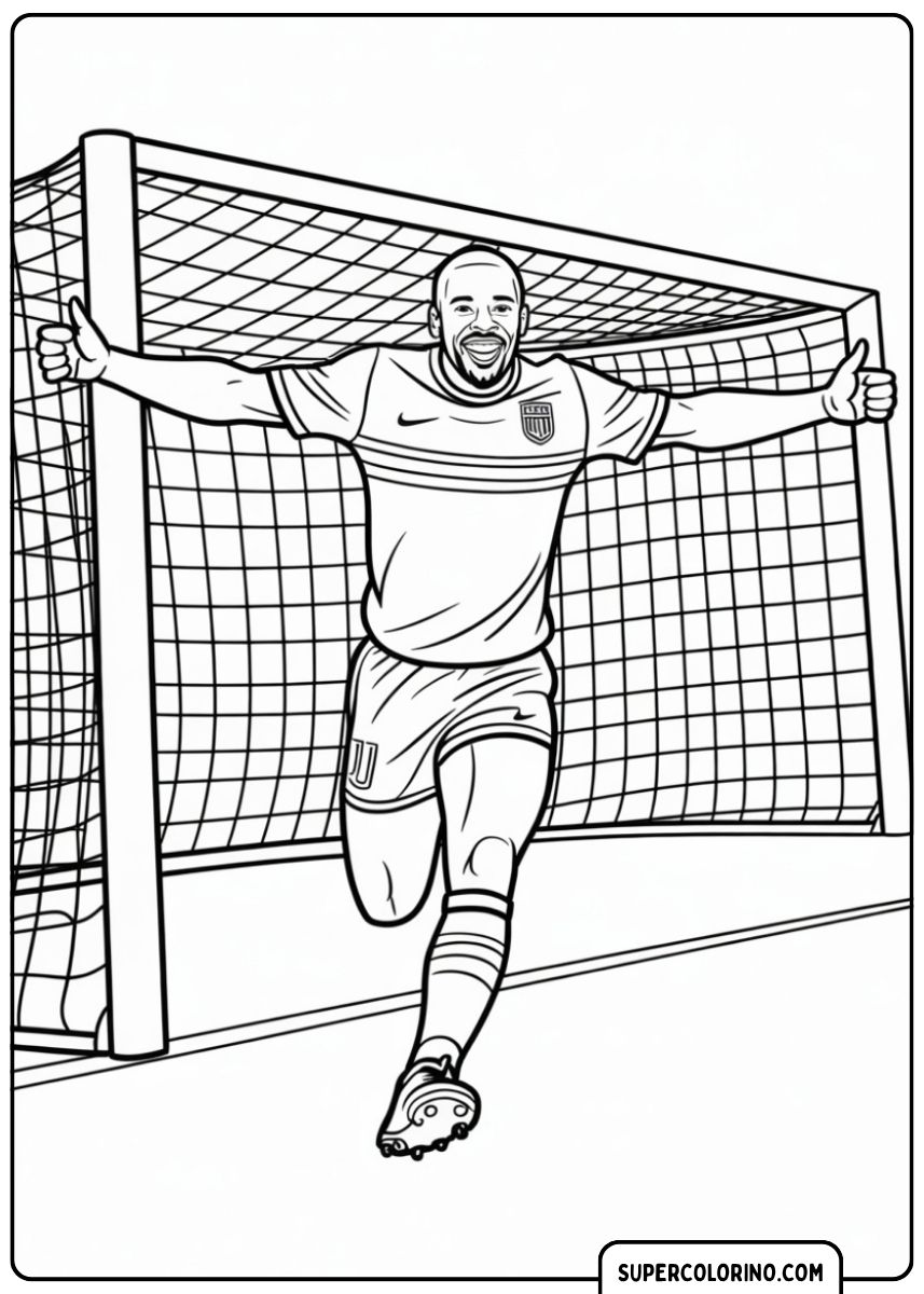 Kleurplaat van een voetballer die een doelpunt viert voor het lege doel.