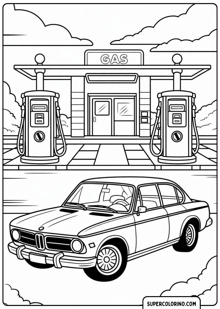 Malvorlage BMW an der Tankstelle: Klassische BMW Limousine (ähnlich 02er) vor einer Zapfsäule.