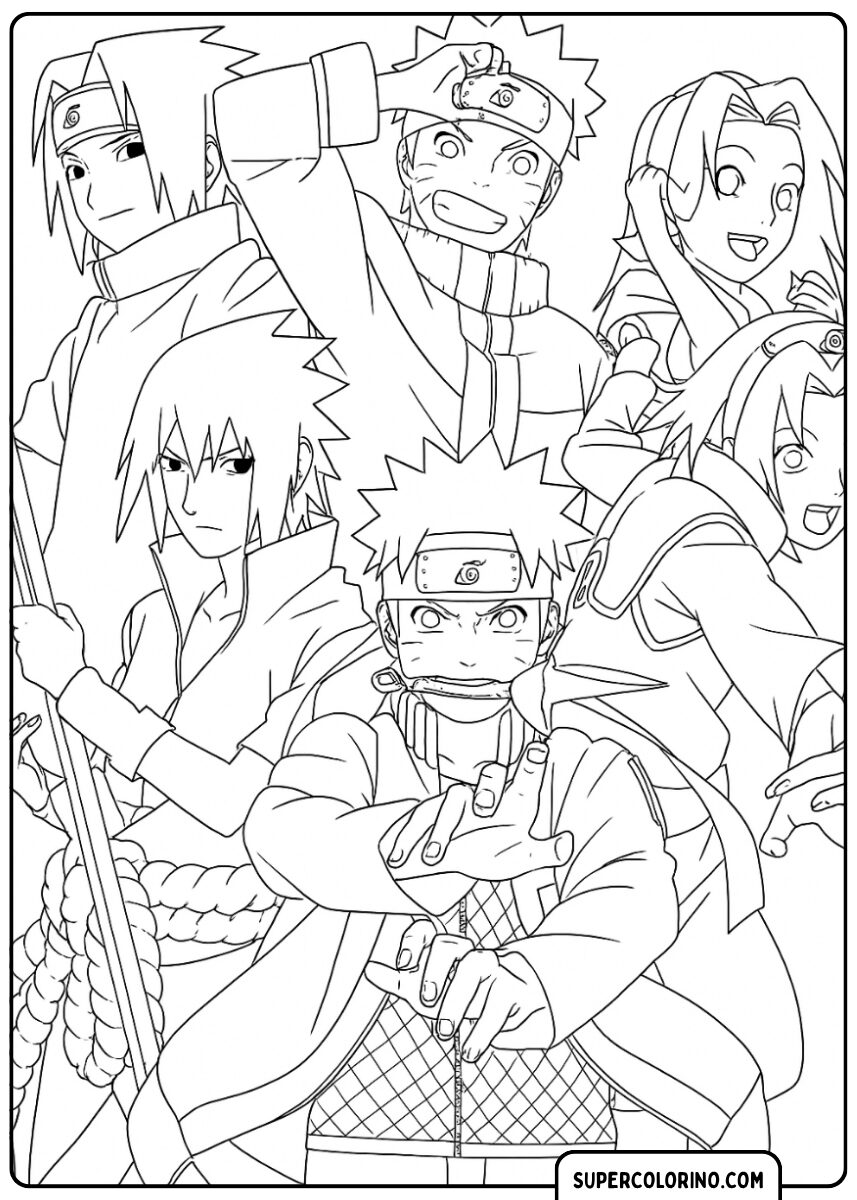 Ausmalbild einer Gruppe von Naruto-Charakteren, darunter Naruto, Sasuke, Sakura und Tsunade, in Action-Posen.